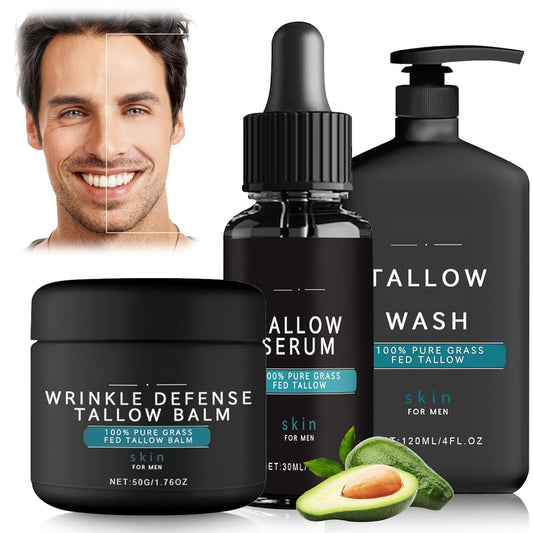 Wrinkle Defense Tallow Balm,Skin Care for Men,Natural Tallow Moisturizer Face,Beef Tallow Balm Face Moisturizer,Diminish Fine Lines,Wrinkles | Mens Skincare Kit(Cream & Face Wash & Night Serum)