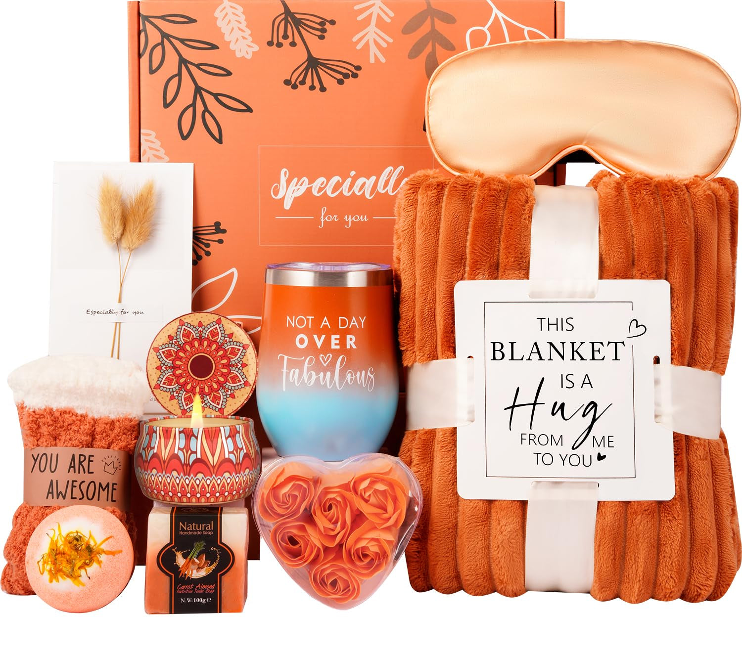 Cozy Gifts for Women Christmas,Birthday Gifts,Luxury Self Care Get Well Gifts,Relaxing Spa Gifts Basket W/Fall Throw Blanket,Orange Gifts for Women,Mom, Wife,Girlfriend,Valentine’S Day Gifts for Her