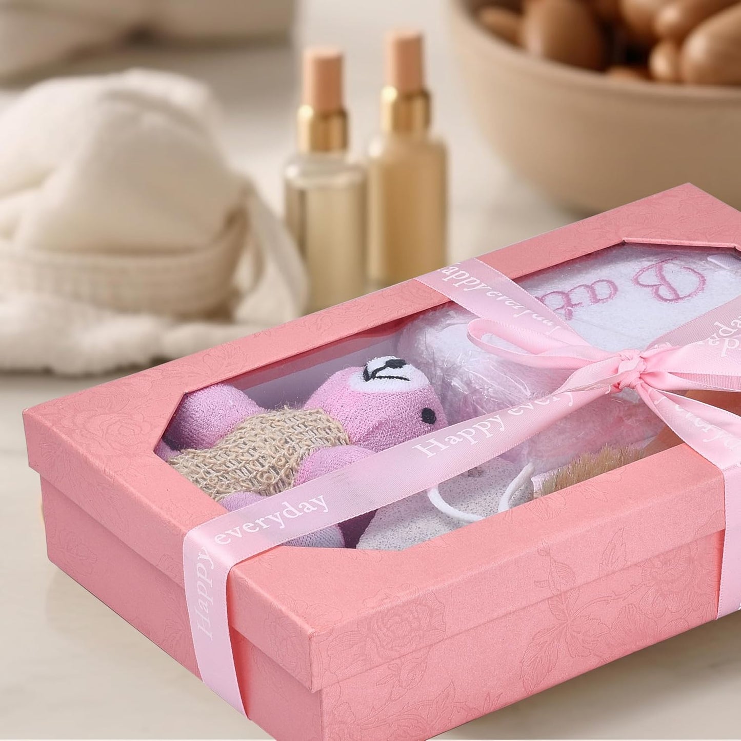 Bath Gift Box - 5-Piece - Toiletries Gift Baskets for Self-Care - 9.8X4 Inch - Shower Body Wash Kit - Complete Hygiene Care Package with Brush, Pumice Stone, and 2 Sponges (Bear) - Pink