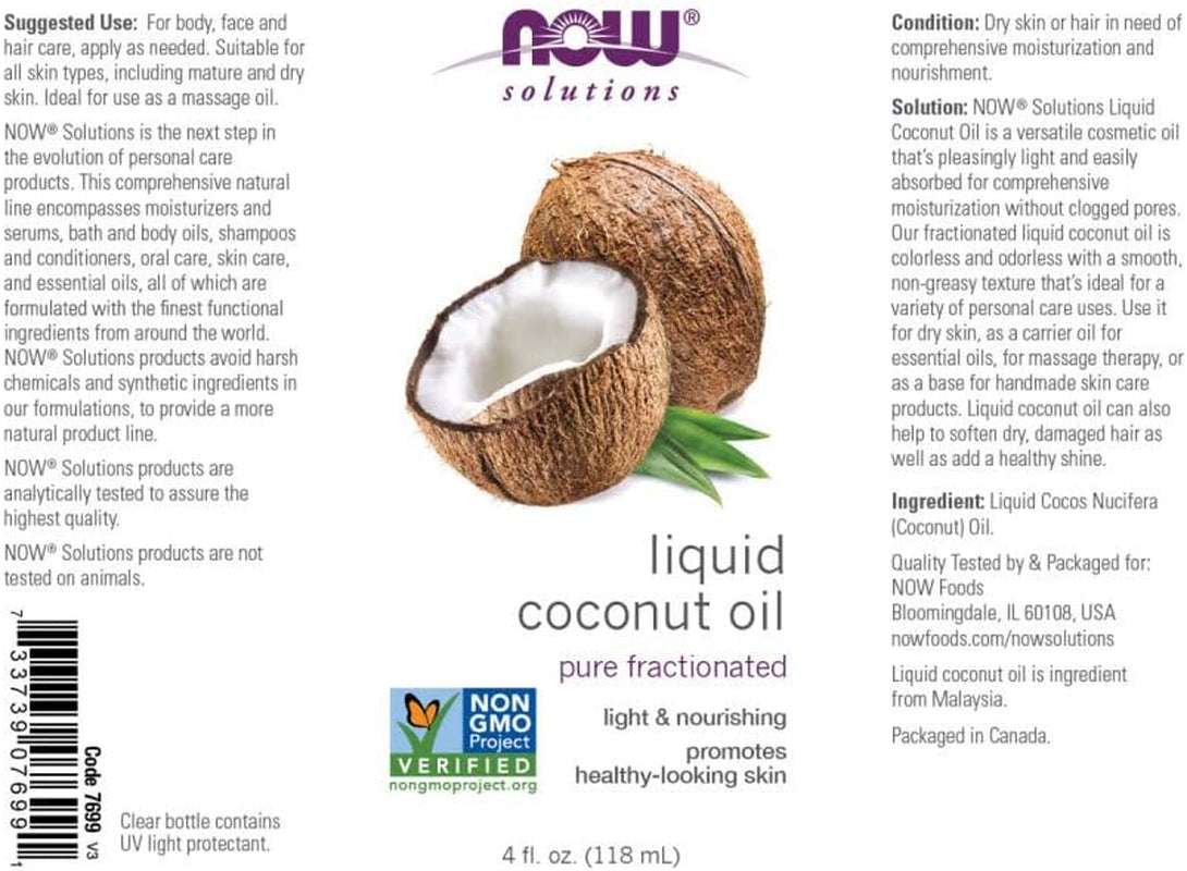 NOW Solutions, Liquid Coconut Oil, Light and Nourishing, Promotes Healthy-Looking Skin and Hair, 4-Ounce