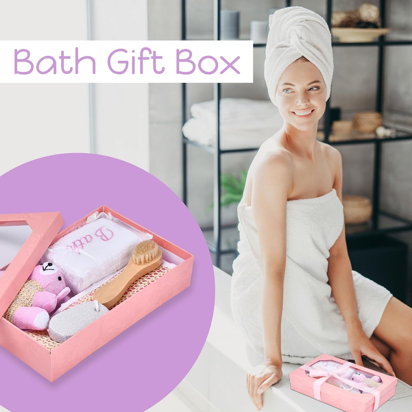 Bath Gift Box - 5-Piece - Toiletries Gift Baskets for Self-Care - 9.8X4 Inch - Shower Body Wash Kit - Complete Hygiene Care Package with Brush, Pumice Stone, and 2 Sponges (Bear) - Pink