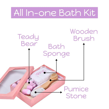 Bath Gift Box - 5-Piece - Toiletries Gift Baskets for Self-Care - 9.8X4 Inch - Shower Body Wash Kit - Complete Hygiene Care Package with Brush, Pumice Stone, and 2 Sponges (Bear) - Pink