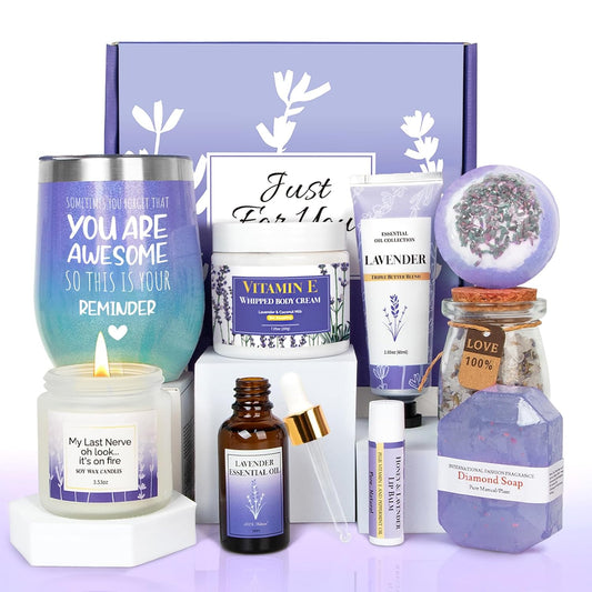 Lavender Gifts for Women - Care Package Relaxing Gifts - Lavender Spa Gifts Set, Self Care Gift for Women, Gift Baskets for Women Her Friend Sister Mom Wife, Christmas Lavender Gift Basket Ideas